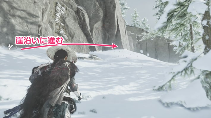 崖沿いに赤い雪虫を追いかける