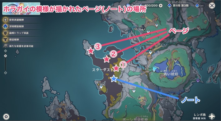 原神のホラガイの模様が書かれたページ(ノート)の場所