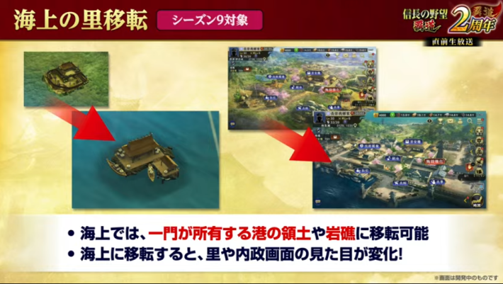 海上での里と内政画面の変化