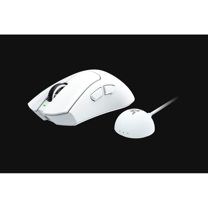 DeathAdder V4 Pro白モデルの側面と付属ワイヤレスドングル
