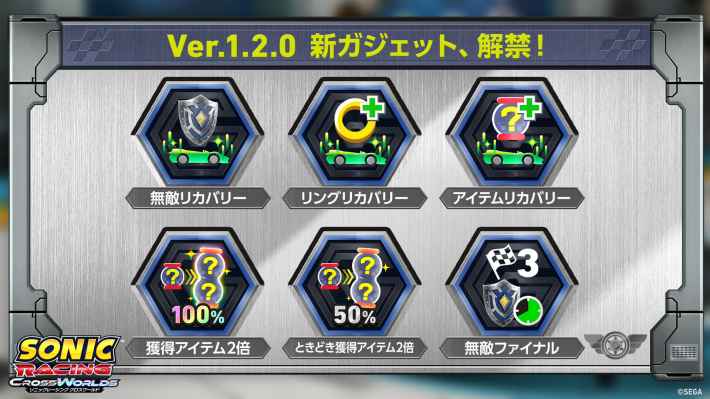 Ver.1.2.0 新ガジェット、解禁！無敵リカバリー、リングリカバリー、アイテムリカバリー、獲得アイテム2倍、ときどき獲得アイテム2倍、無敵ファイナルの6つの新ガジェット。