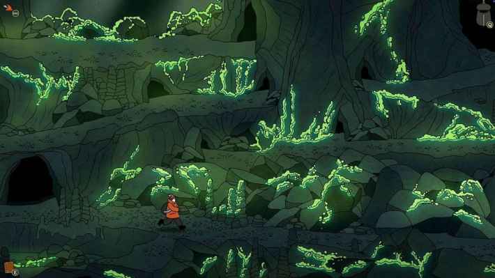 ゲームスクリーンショット：主人公が光る菌糸ネットワークの洞窟を歩く様子