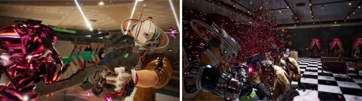 ゲーム画面：武器を構える主人公と敵