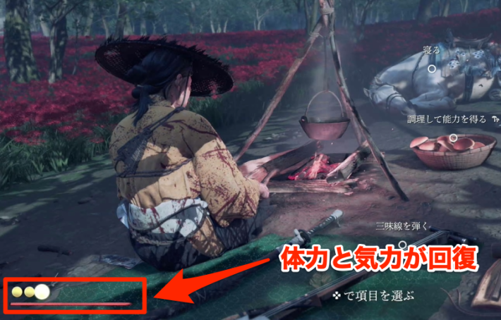 ゴーストオブヨウテイの野営で体力と気力が回復