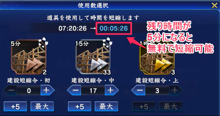 残り時間が5分になると無料で短縮可能